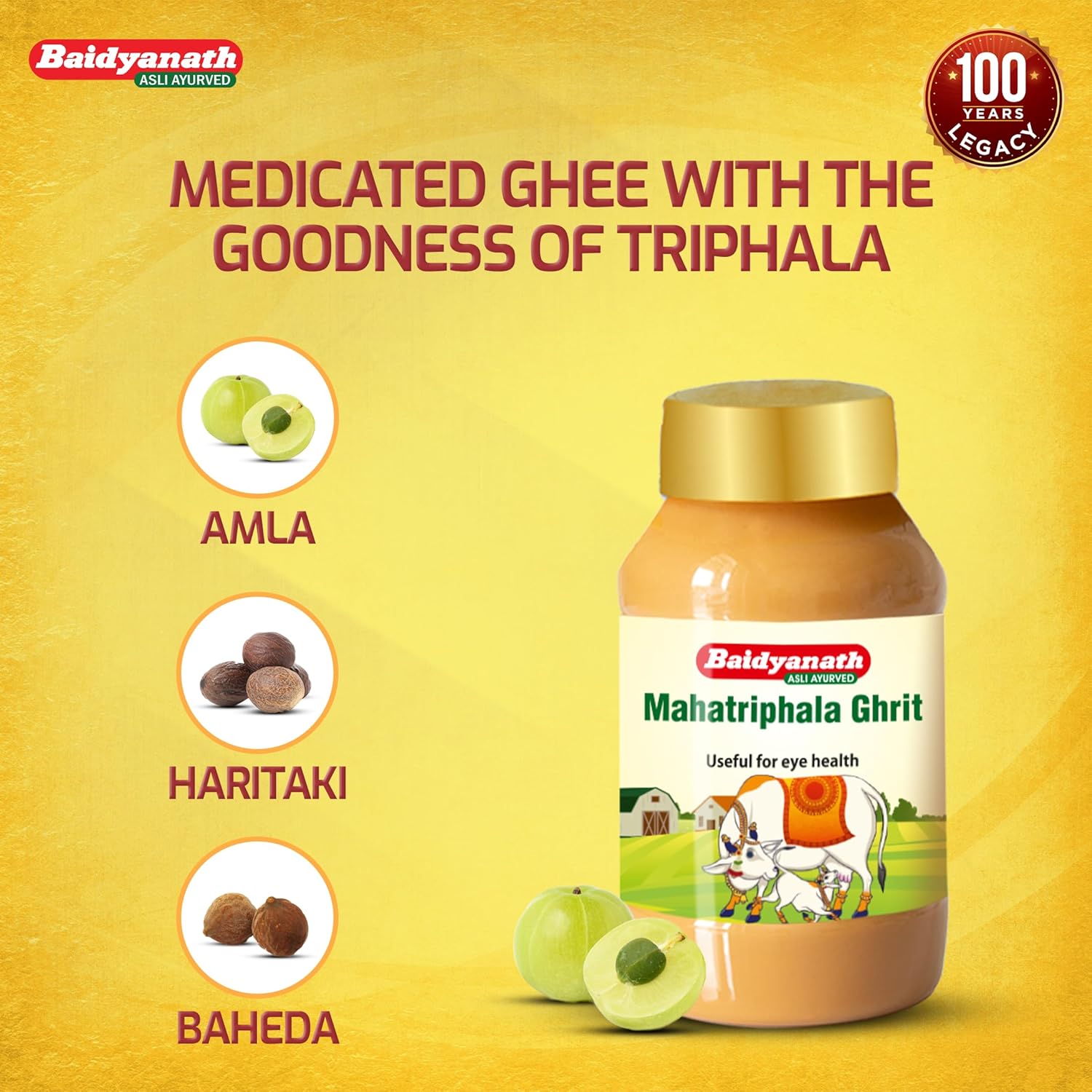 Baidyanath Mahatrijphala Ghrit bottle with ingredients on a yellow background