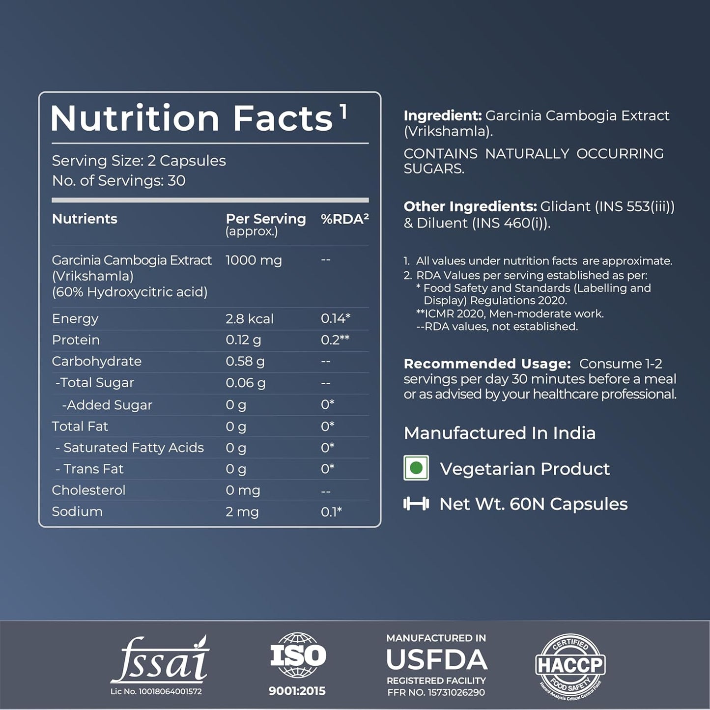 Nutrition facts label for a supplement with ingredient details on a dark blue background.