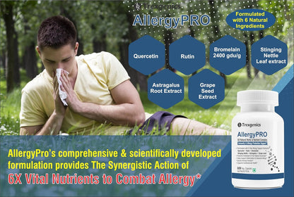 Person with allergies sitting on grass next to AllergyPRO supplement bottle and packaging.