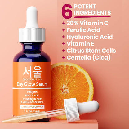 SeoulCeuticals Korean Vitamin C Serum for Glowing Skin – 20% Vitamin C + Hyaluronic Acid + CE Ferulic Acid – Potent Anti-Aging & Anti-Wrinkle Korean Beauty Vit C Serum – 30ml