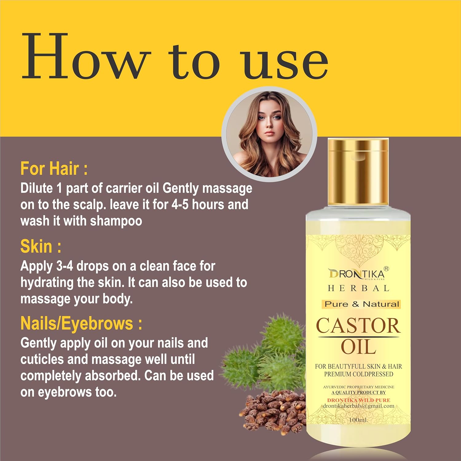 Frontika Herbal Castor Oil bottle with usage instructions on a yellow and brown background