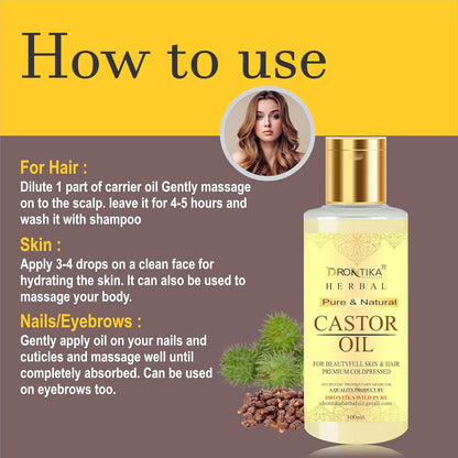 Frontika Herbal Castor Oil bottle with usage instructions on a yellow and brown background
