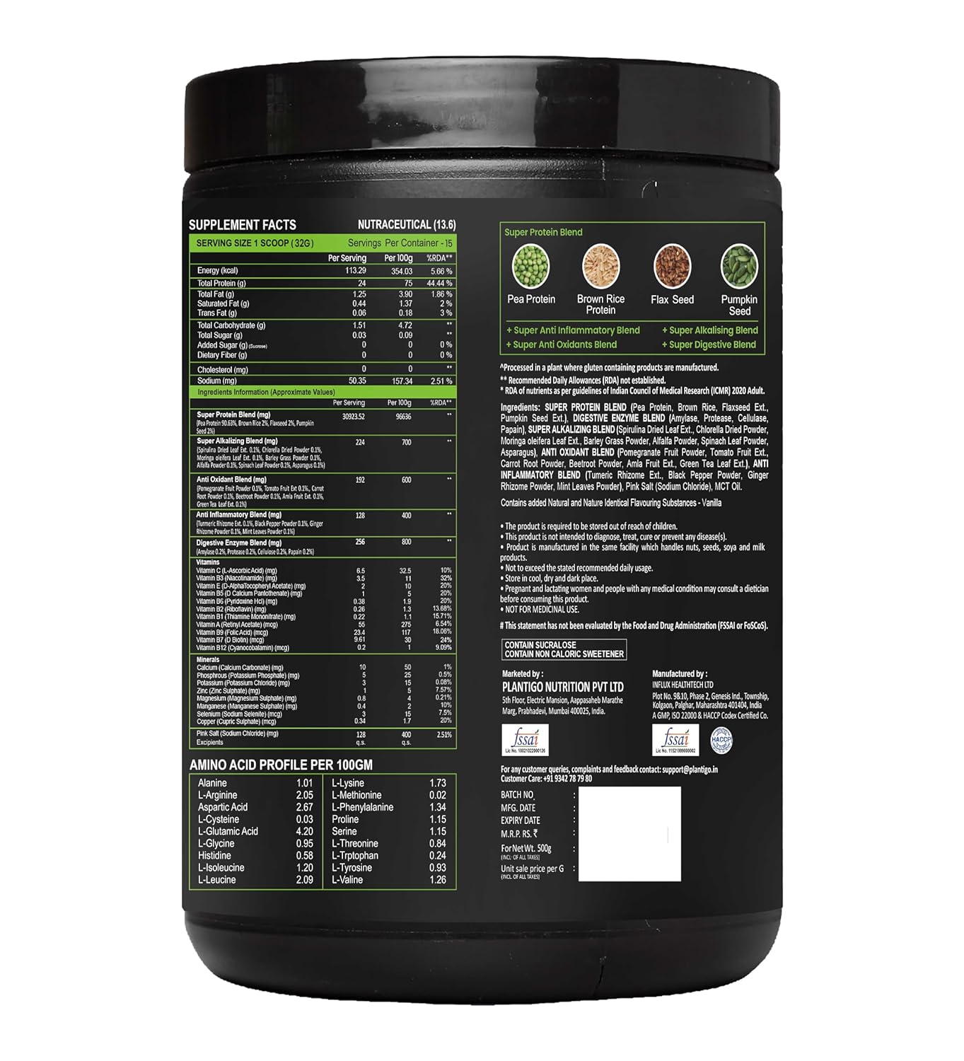 Plantigo Protein Powder 24g Plant Based Protein, 3g BCAA, 2g Leucine, 3g Fiber, 4x Fast Digestion, 95% Bioavailability, 3x Anti Oxidants, Anti Inflammatory, Vitamins, Minerals - Vanilla Flavored 500g