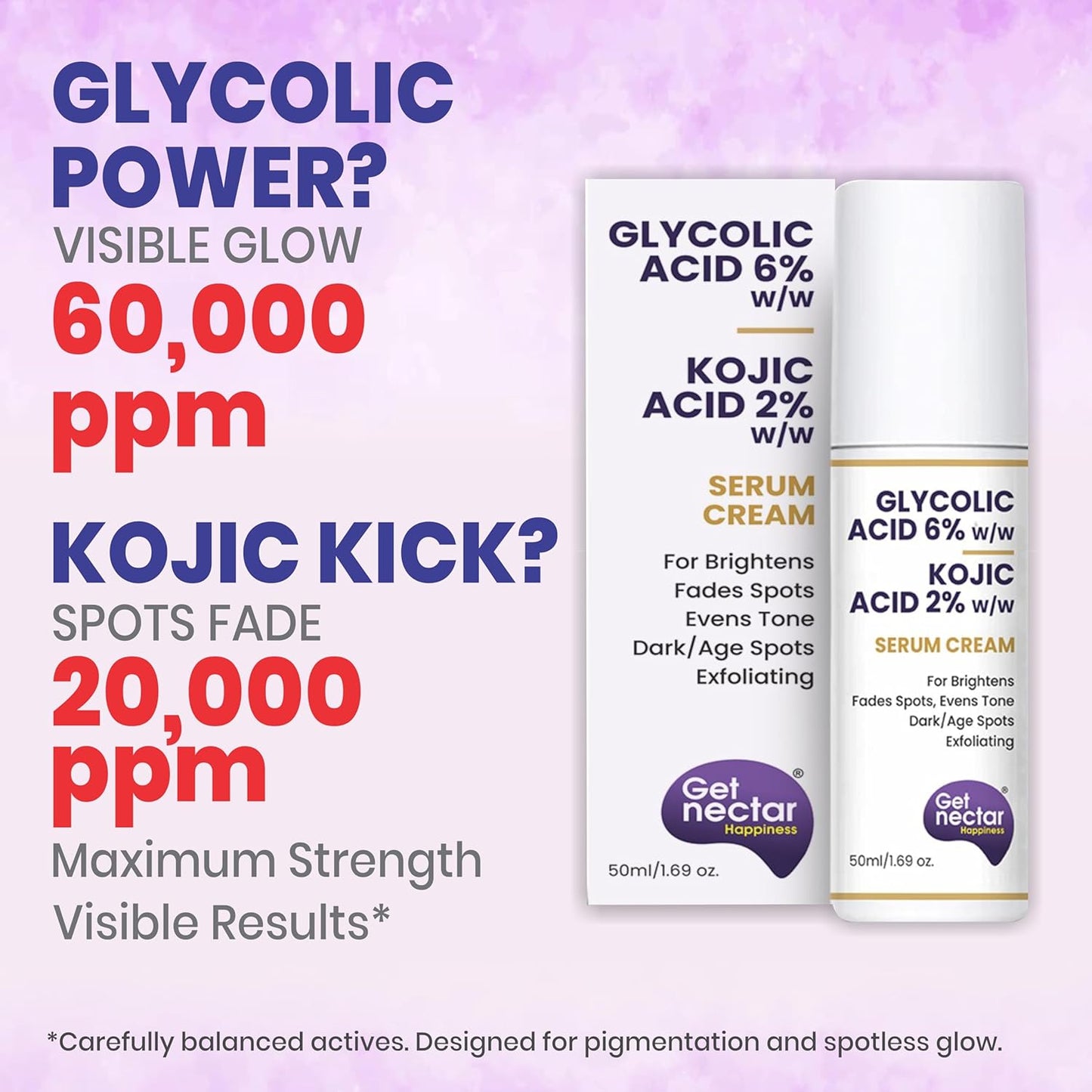 Get Nectar Happiness 6% Glycolic & 2% Kojic Acid Serum Cream Helps Reduce Pigmentation, Acne Scars, Dark, Age Spots, Blemishes & Uneven Skin Tone. Promotes a Brighter, Smoother-Looking Complexion 50ml
