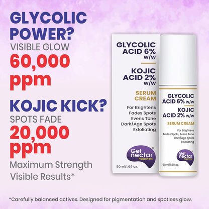 Get Nectar Happiness 6% Glycolic & 2% Kojic Acid Serum Cream Helps Reduce Pigmentation, Acne Scars, Dark, Age Spots, Blemishes & Uneven Skin Tone. Promotes a Brighter, Smoother-Looking Complexion 50ml