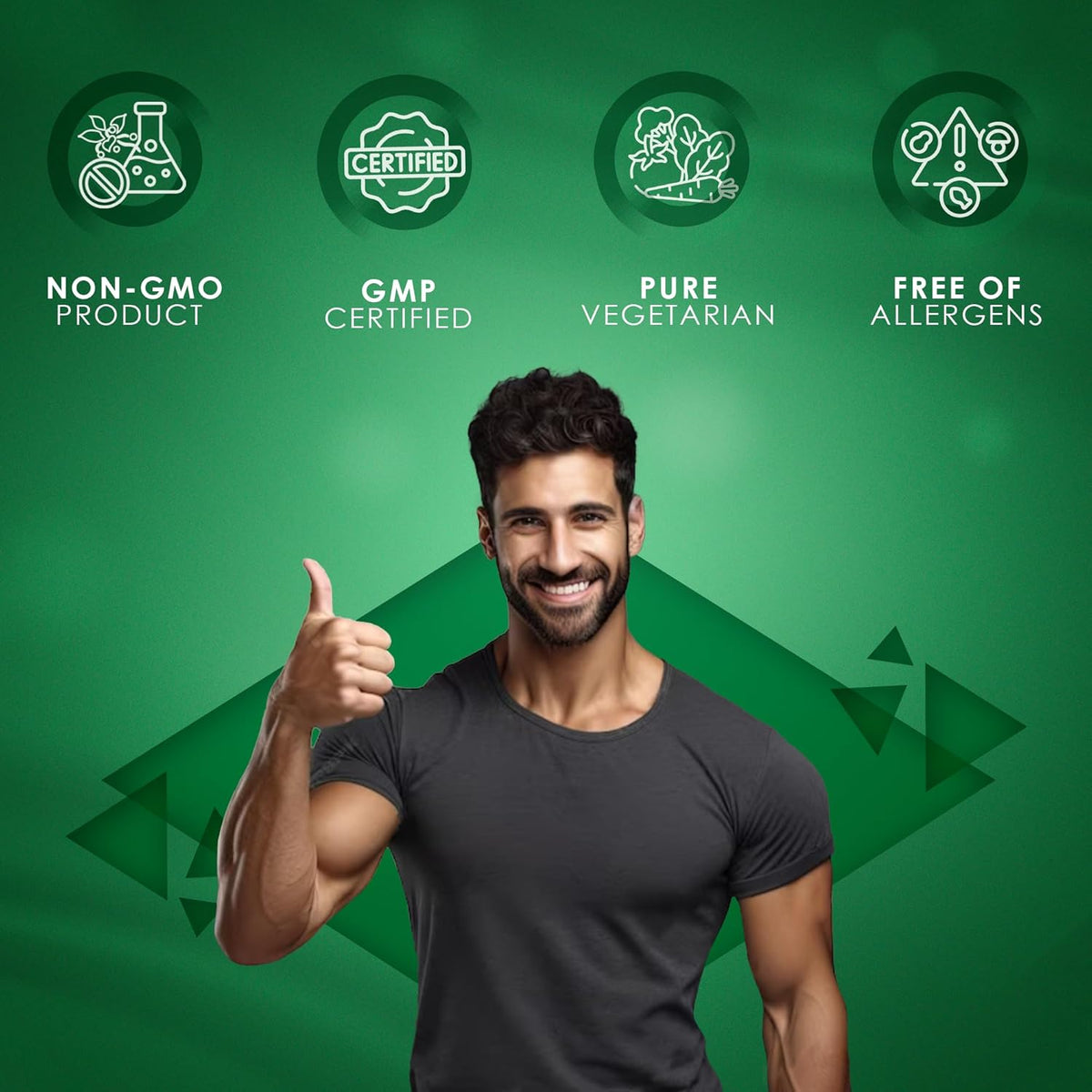 Man giving a thumbs up with certification icons on a green background