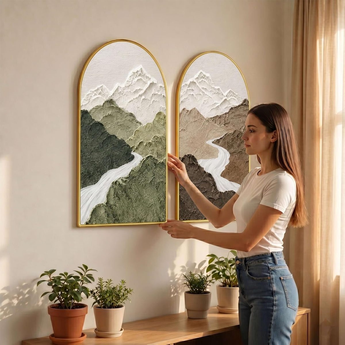 Set of 2 Mountain Wall Painting for Living Room, Textured Landscape Modern Artwork, PVC Golden Frame, Arch Shape Wall Decor for Bedroom, Hall, Office & Gift (30 x 32 Inch) RPNL-02-117
