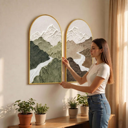 Set of 2 Mountain Wall Painting for Living Room, Textured Landscape Modern Artwork, PVC Golden Frame, Arch Shape Wall Decor for Bedroom, Hall, Office & Gift (30 x 32 Inch) RPNL-02-117
