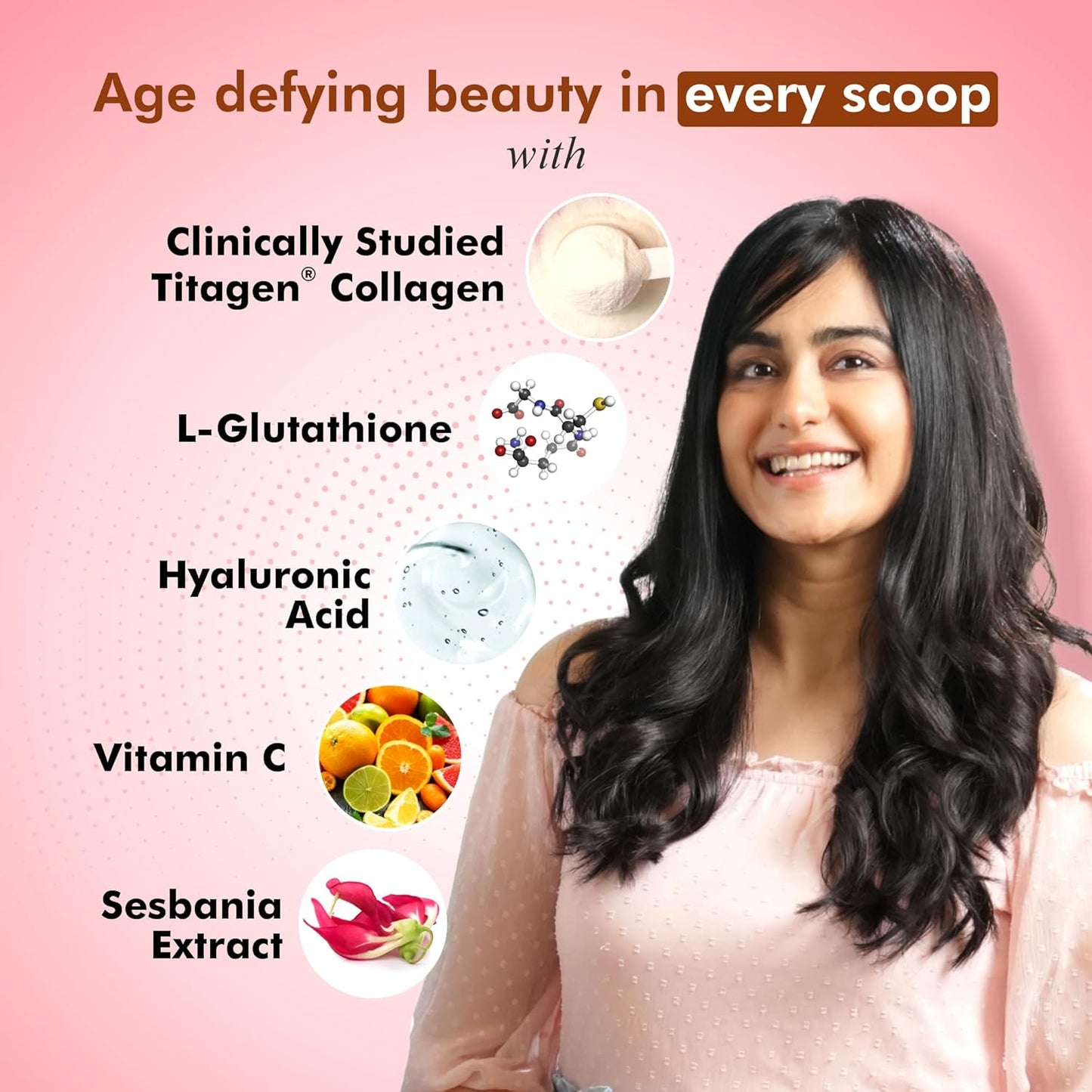Woman with long black hair against a pink background with text and product icons about skincare ingredients.