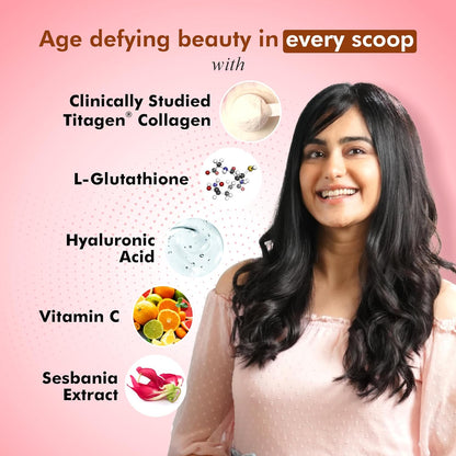 Woman with long black hair against a pink background with text and product icons about skincare ingredients.