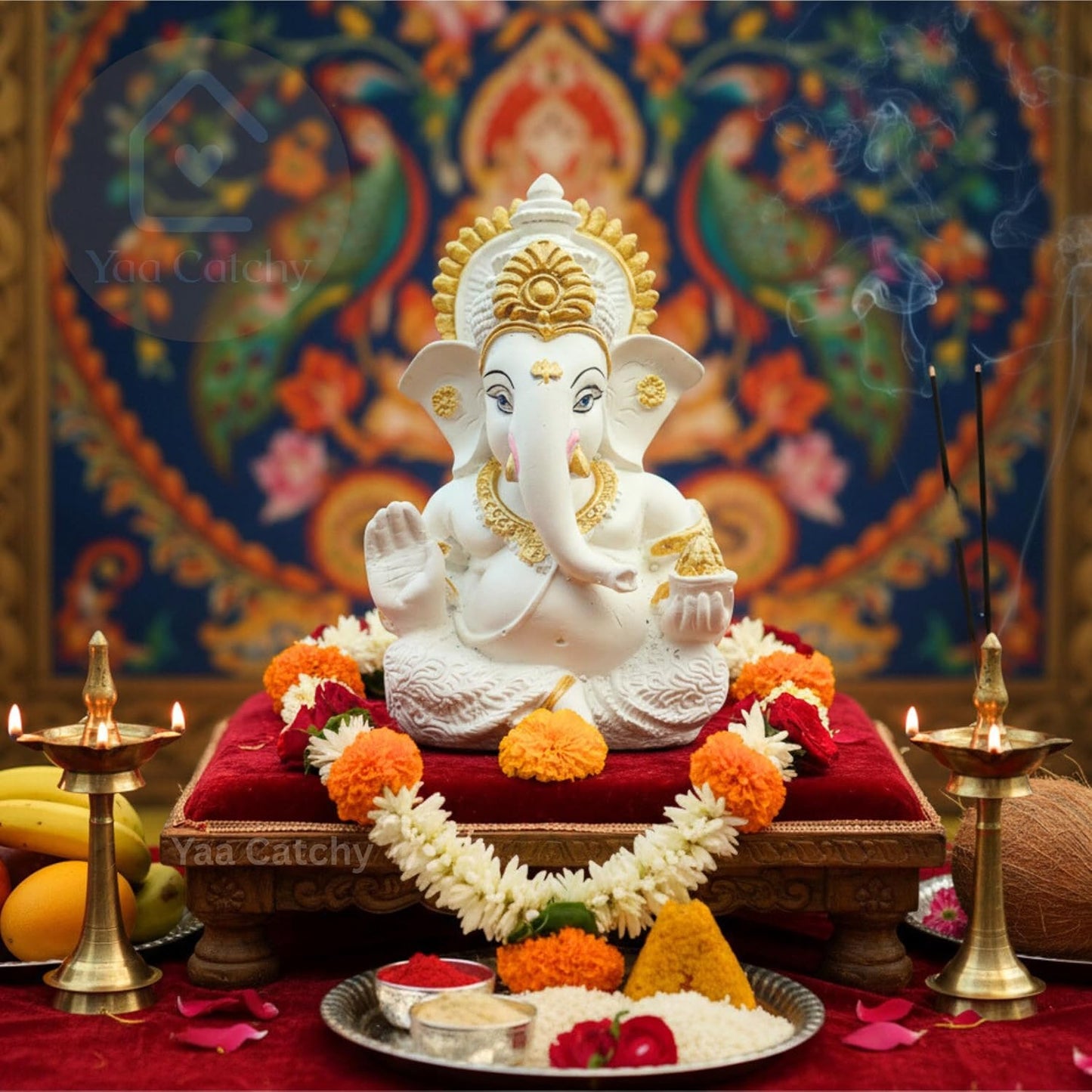 Yaa Catchy White & Gold Ganesha Idol Car Dashboard Idol Ganesha Murti Ganpati Idol for Home Decor Pooja Lord Ganesh Statue Gift for Office Desk Pooja Room (Ganesha Resin White & Gold)