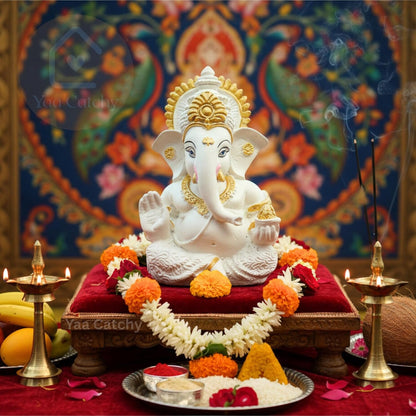 Yaa Catchy White & Gold Ganesha Idol Car Dashboard Idol Ganesha Murti Ganpati Idol for Home Decor Pooja Lord Ganesh Statue Gift for Office Desk Pooja Room (Ganesha Resin White & Gold)