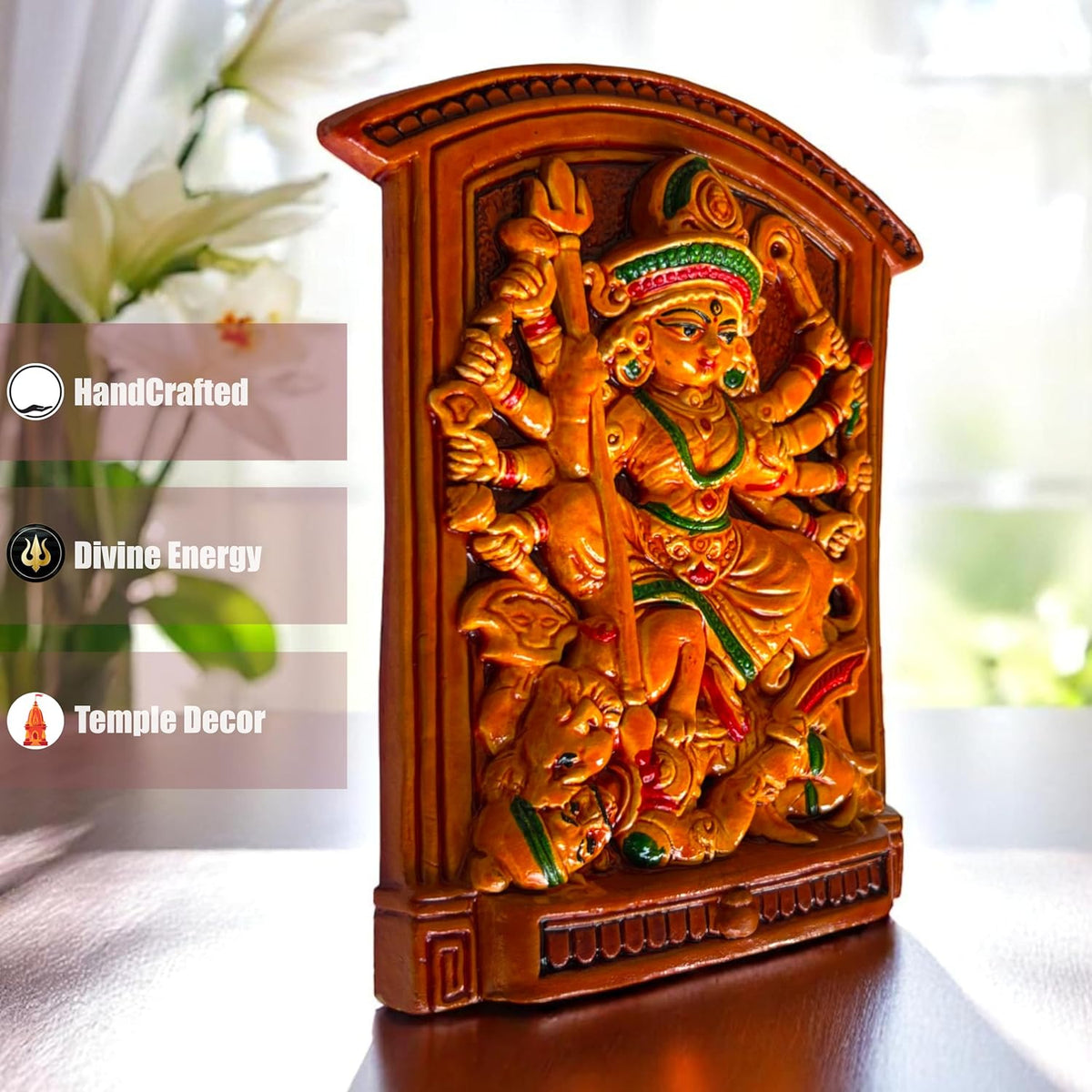 Maa Durga Murti Mahisasur Mardini Terracotta Idol | Sherawali Devi MATA Hand-Painted Table Top Decor for Temple, Mandir, Home, Office Decoration | Spiritual Gift Showpiece (20x15 CM)