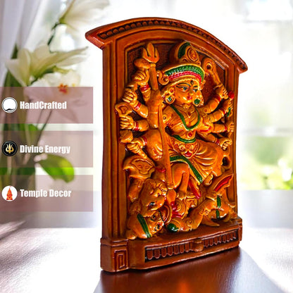 Maa Durga Murti Mahisasur Mardini Terracotta Idol | Sherawali Devi MATA Hand-Painted Table Top Decor for Temple, Mandir, Home, Office Decoration | Spiritual Gift Showpiece (20x15 CM)