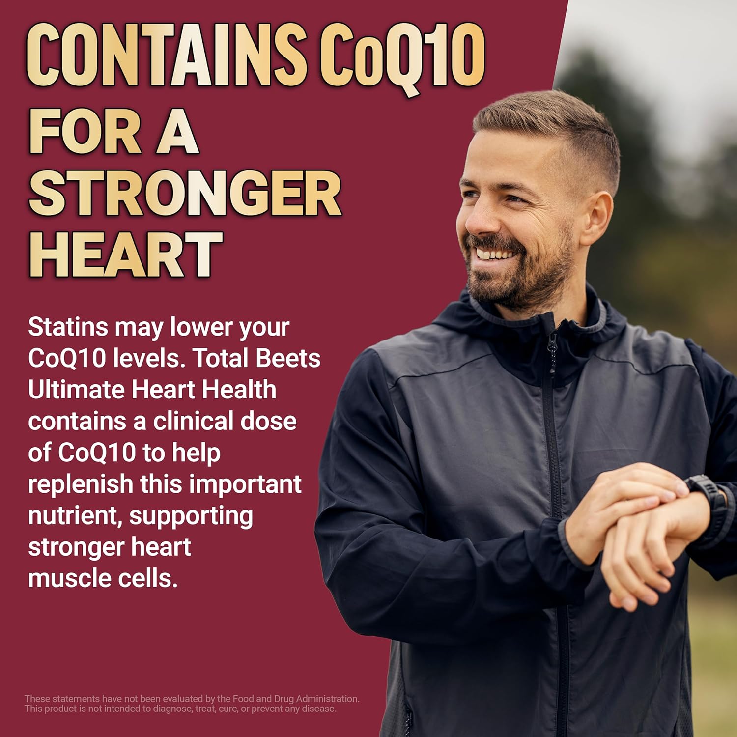 Man wearing a dark jacket with promotional text about CoQ10 for heart health on a red background.
