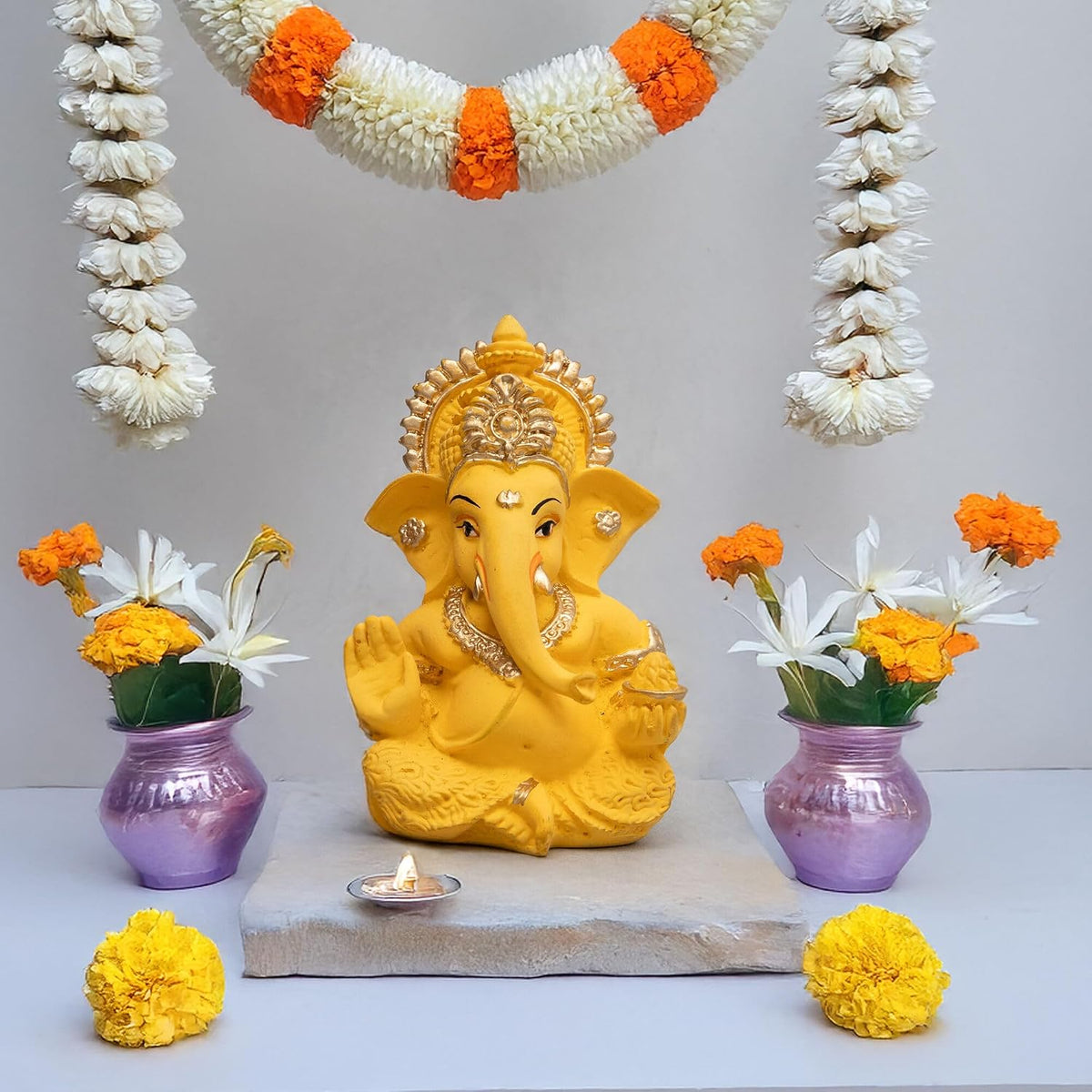 Lord Ganesha Idol for Car Dashboard, Home Decor & Pooja | Resin Gold Plated Ganpati Murti | 3.5 Inch Ganesh Statue for Gift, Diwali, Housewarming, Baby Shower, Mandir Decor, Yellow, Pack -1