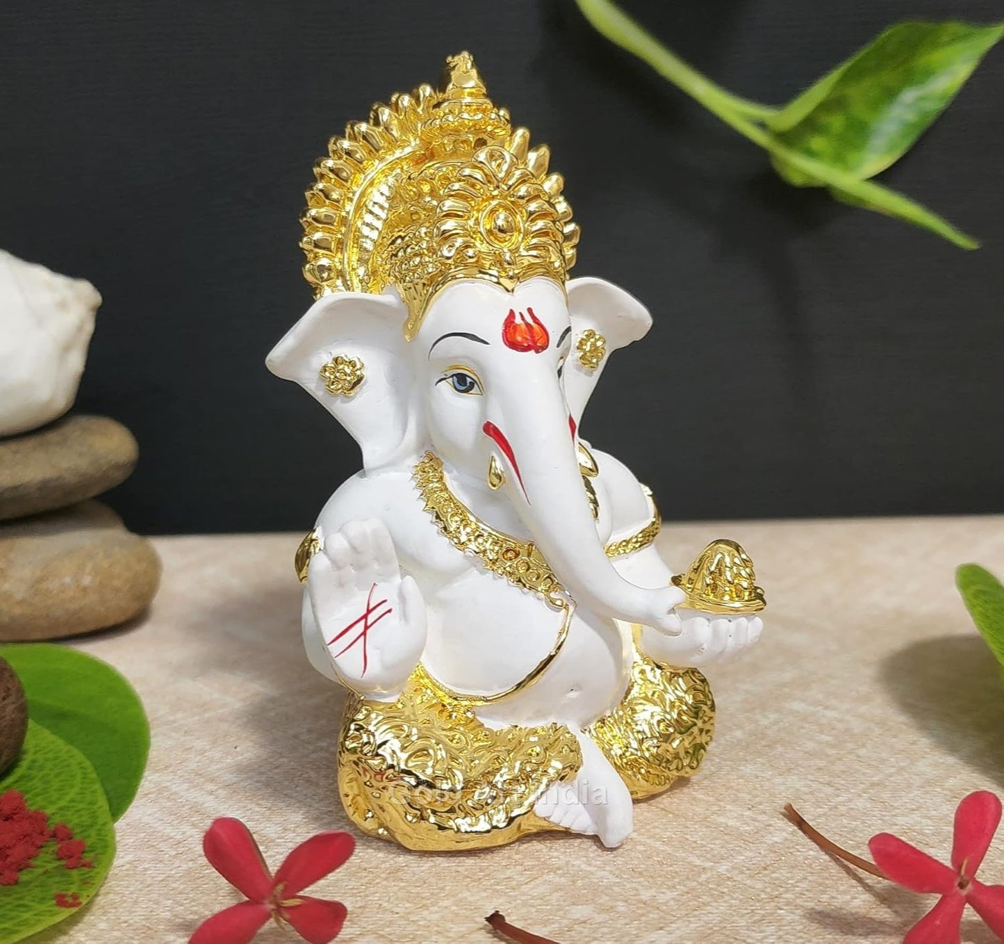 Gold Art India Gold Plated Ganesh Idol for Car Dashboard God Ganesha Idol for Home Decor Ganpati for Gift Home Office Table Shelves Diwali Gifting 3.5 Inches Gold White Mukut