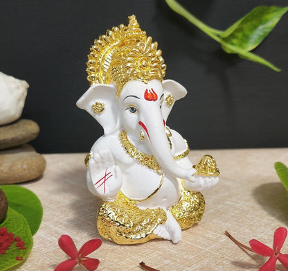 Gold Art India Gold Plated Ganesh Idol for Car Dashboard God Ganesha Idol for Home Decor Ganpati for Gift Home Office Table Shelves Diwali Gifting 3.5 Inches Gold White Mukut