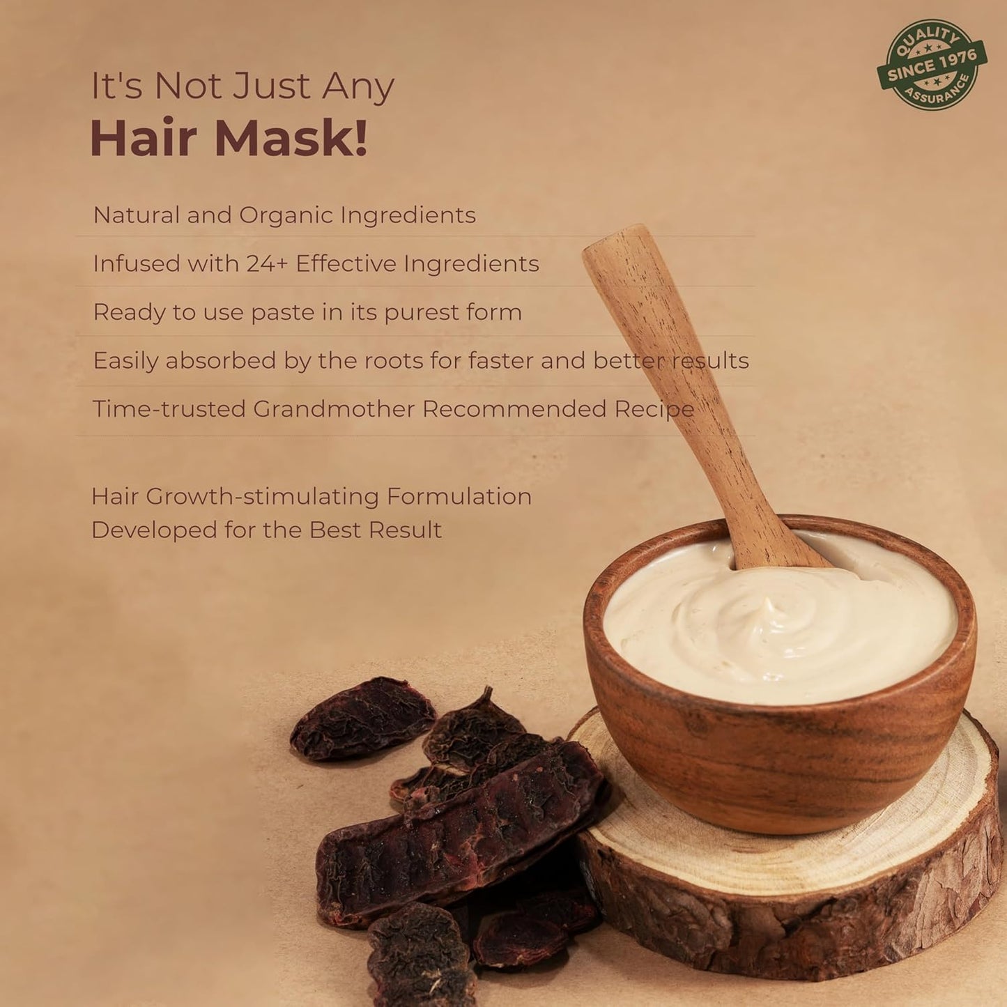 Hair mask with natural ingredients on a wooden surface, featuring text about its benefits.