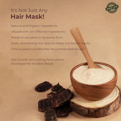 Hair mask with natural ingredients on a wooden surface, featuring text about its benefits.