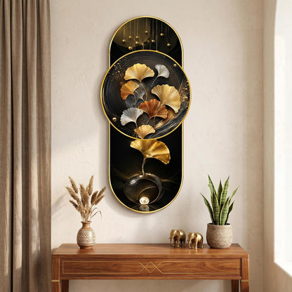 Luxury Ginkgo Leaf Wall Painting for Living Room, Bedroom & Hallway Decor, Black Gold Abstract Floral Artwork with Premium PVC Golden Frame (16 x 35 Inch)
