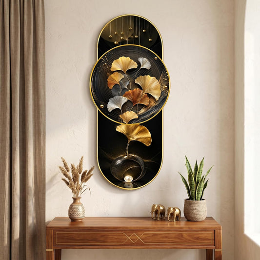Luxury Ginkgo Leaf Wall Painting for Living Room, Bedroom & Hallway Decor, Black Gold Abstract Floral Artwork with Premium PVC Golden Frame (16 x 35 Inch)