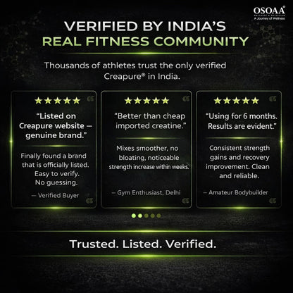 Advertisement for Creapure with customer testimonials on a dark background, featuring the Osoaa logo.