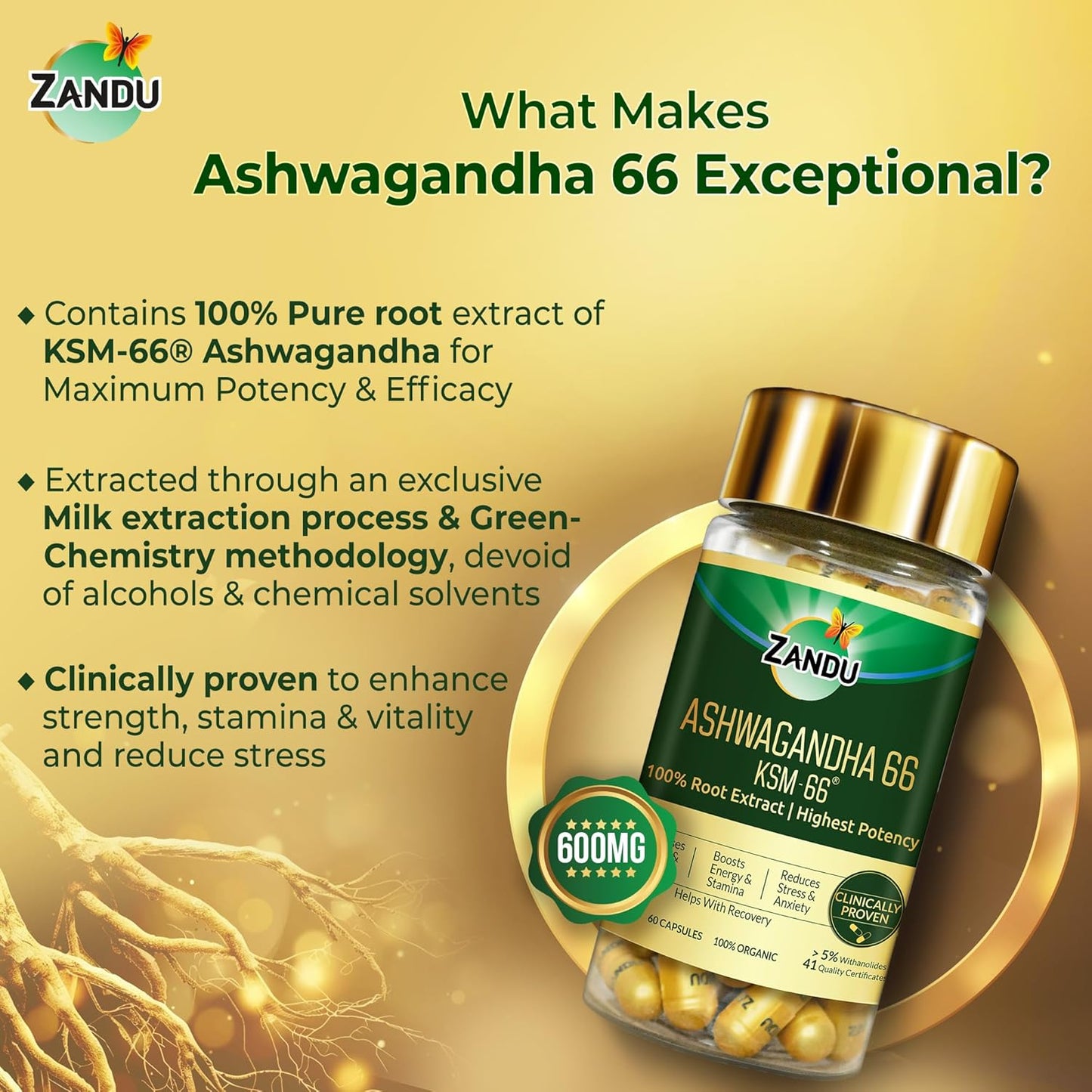 Zandu Ashwagandha KSM-66 (600 mg high dose formula) Tablets | Clinically Proven for 72% Decrease in stress and anxiety levels I Boosts Energy & Strength | 60 tablets I 100% Pure Root Extract