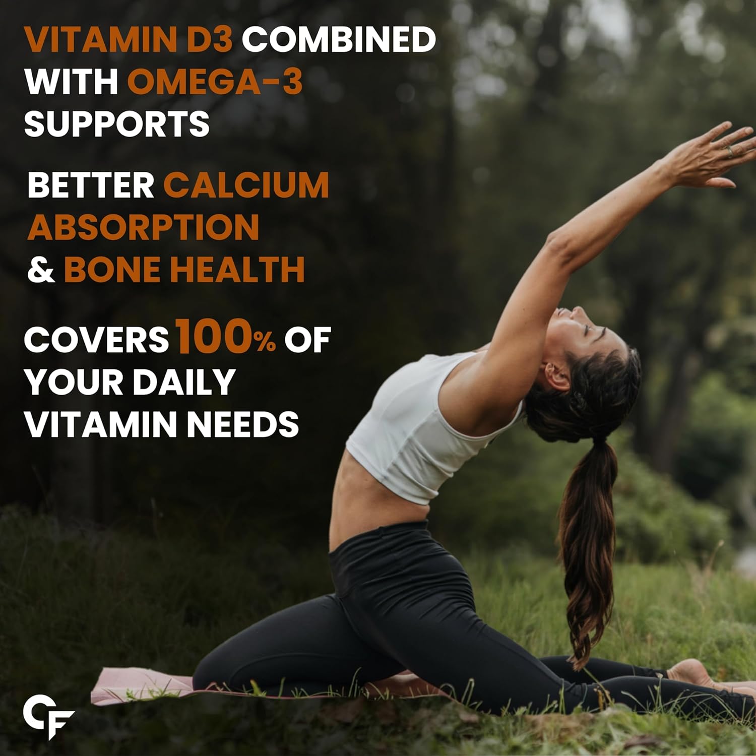Person practicing yoga outdoors with vitamin and omega-3 text overlay
