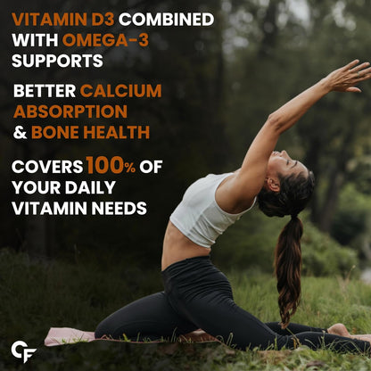 Person practicing yoga outdoors with vitamin and omega-3 text overlay