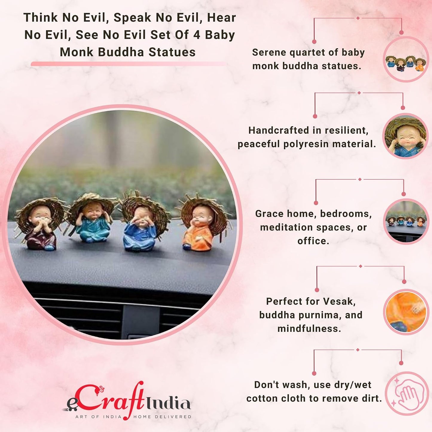 eCraftIndia Set of 4 Resin Buddha Monk Statue with Hat| Think No Evil Speak No Evil Hear No Evil See No Evil| Buddha Statues for Home Decor Living Room Office Car Dashboard Showpiece Gift for Birthday