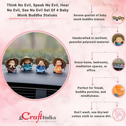 eCraftIndia Set of 4 Resin Buddha Monk Statue with Hat| Think No Evil Speak No Evil Hear No Evil See No Evil| Buddha Statues for Home Decor Living Room Office Car Dashboard Showpiece Gift for Birthday