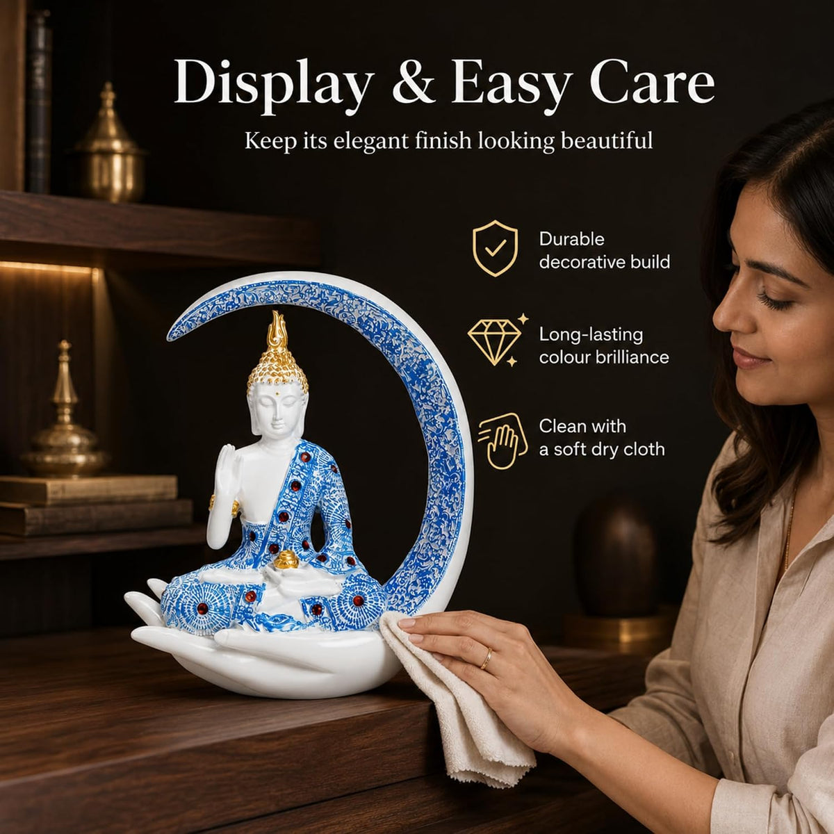 10 Inch 3D Resin Meditating Buddha Statue with Blue Crescent Moon | Lucky Buddha Idol for Home Decor, Living Room, Office Desk & Spiritual Gift Item