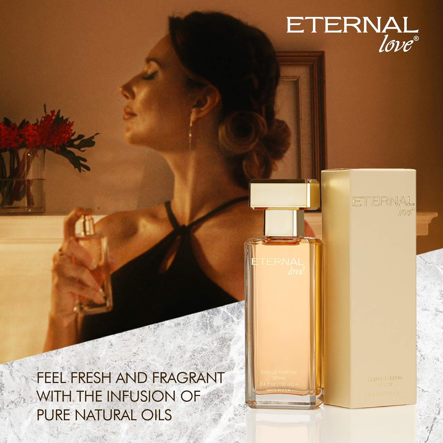 Perfume bottle and packaging with 'Eternal Love' branding, woman holding a glass in the background.