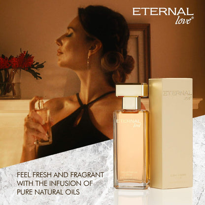 Perfume bottle and packaging with 'Eternal Love' branding, woman holding a glass in the background.