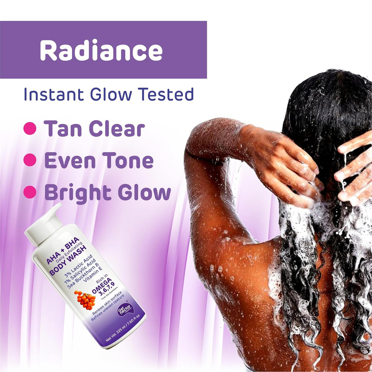 Person using body wash with product labeled 'Radiance' on a purple background
