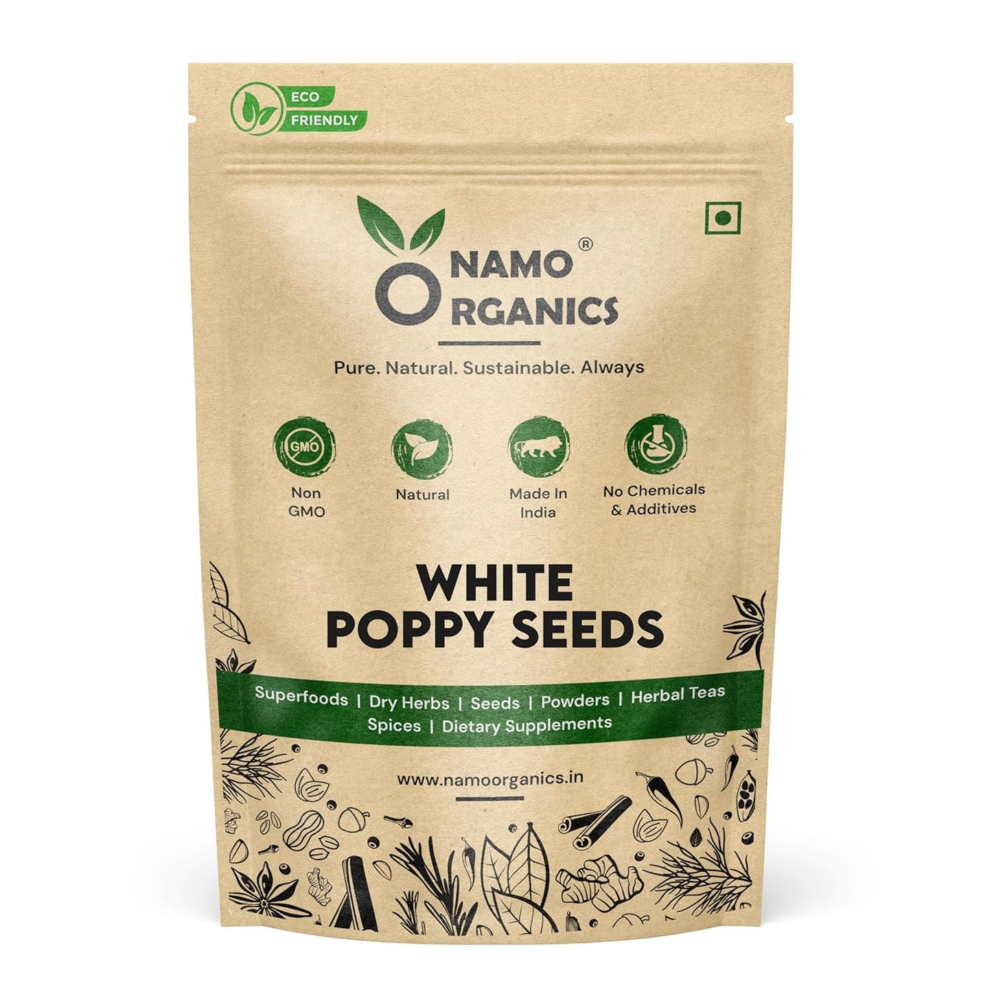 Namo Organics white poppy seeds packaging on a white background