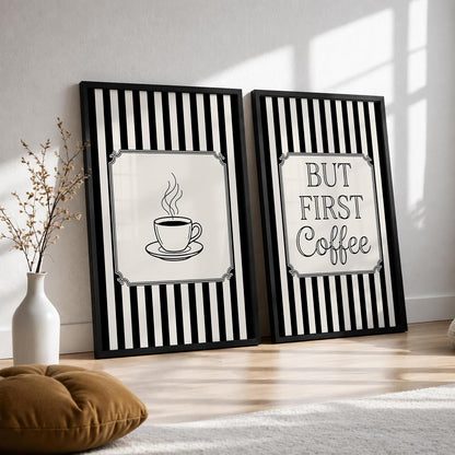 But First Coffee Wall Art Set of 2 Framed Paintings | Black White Striped Coffee Poster Kitchen Café Décor | Home Office Wall Décor (Art 20, 10x13 Inches, Black)