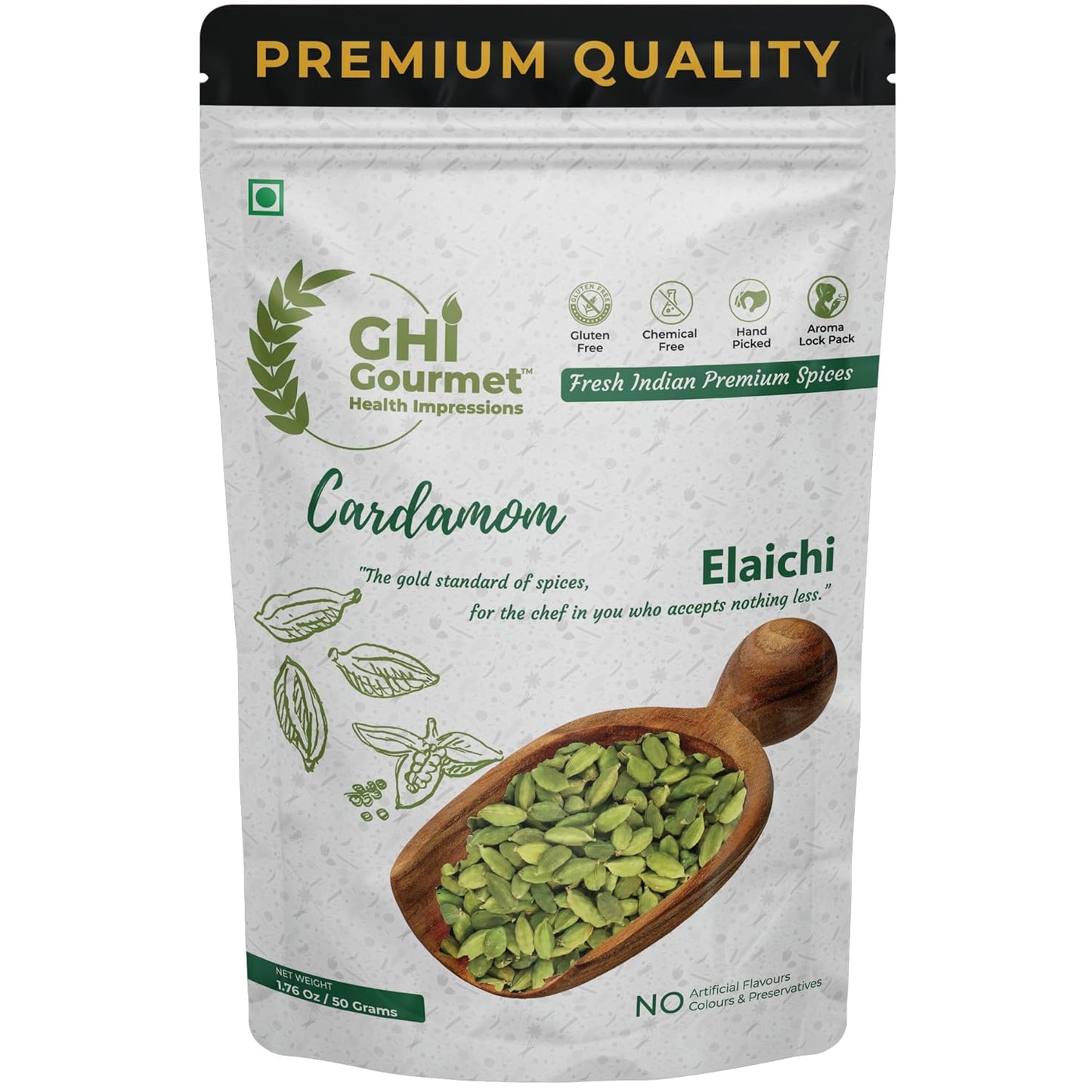 GOURMET HEALTH IMPRESSIONS | Superior Grade Whole Green Cardamom (Elaichi) - 8MM BOLD Size | Large Size | Aromatic Green Pods, Non-GMO - Perfect for Culinary & Aromatic Uses | GHI Foods