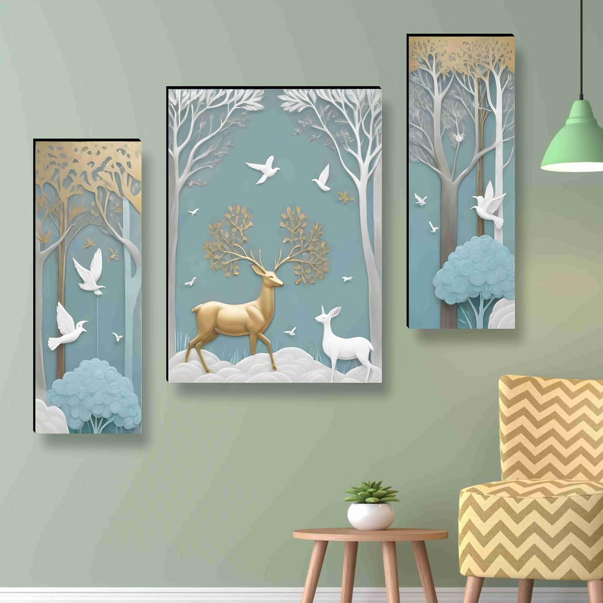 deer Paintings for Wall Decoration - Set Of 3, 3d modern art Painting for Living Room Large Size with Frames for Home, Office painting 50.8 cm x 30.48 cm SANFJM36036-Engineered Wood