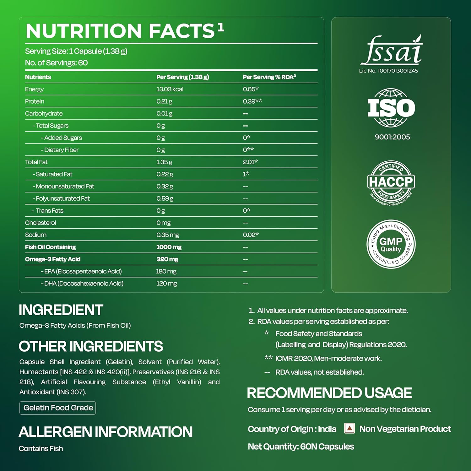Nutrition facts label with FSSAI, ISO, and HACCP certification logos on a green background.
