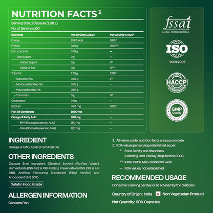 Nutrition facts label with FSSAI, ISO, and HACCP certification logos on a green background.