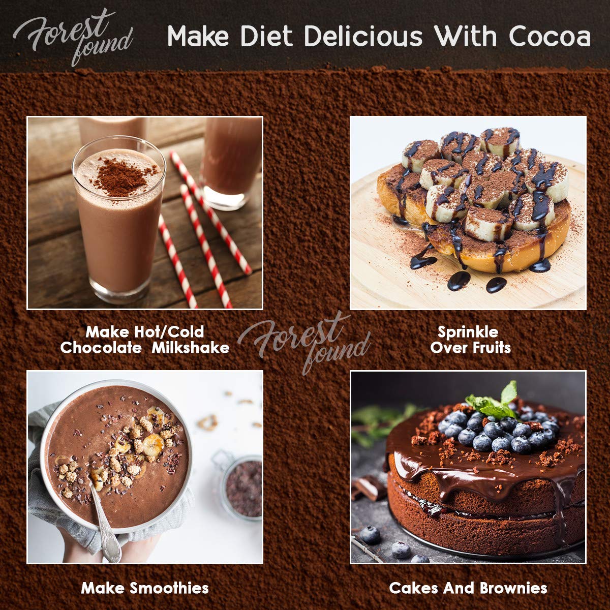 Forest Found 100% Pure Dark Cocoa Powder| Unsweetened Natural Dutch Process Cacao for Baking, Chocolate Making, Cakes & Smoothies | Rich Aroma, Keto Friendly & Vegan Cocoa Powder