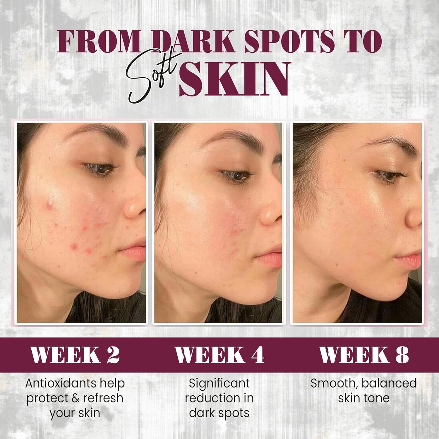 Before and after skin improvement over weeks 2, 4, and 8 with text indicating product benefits.