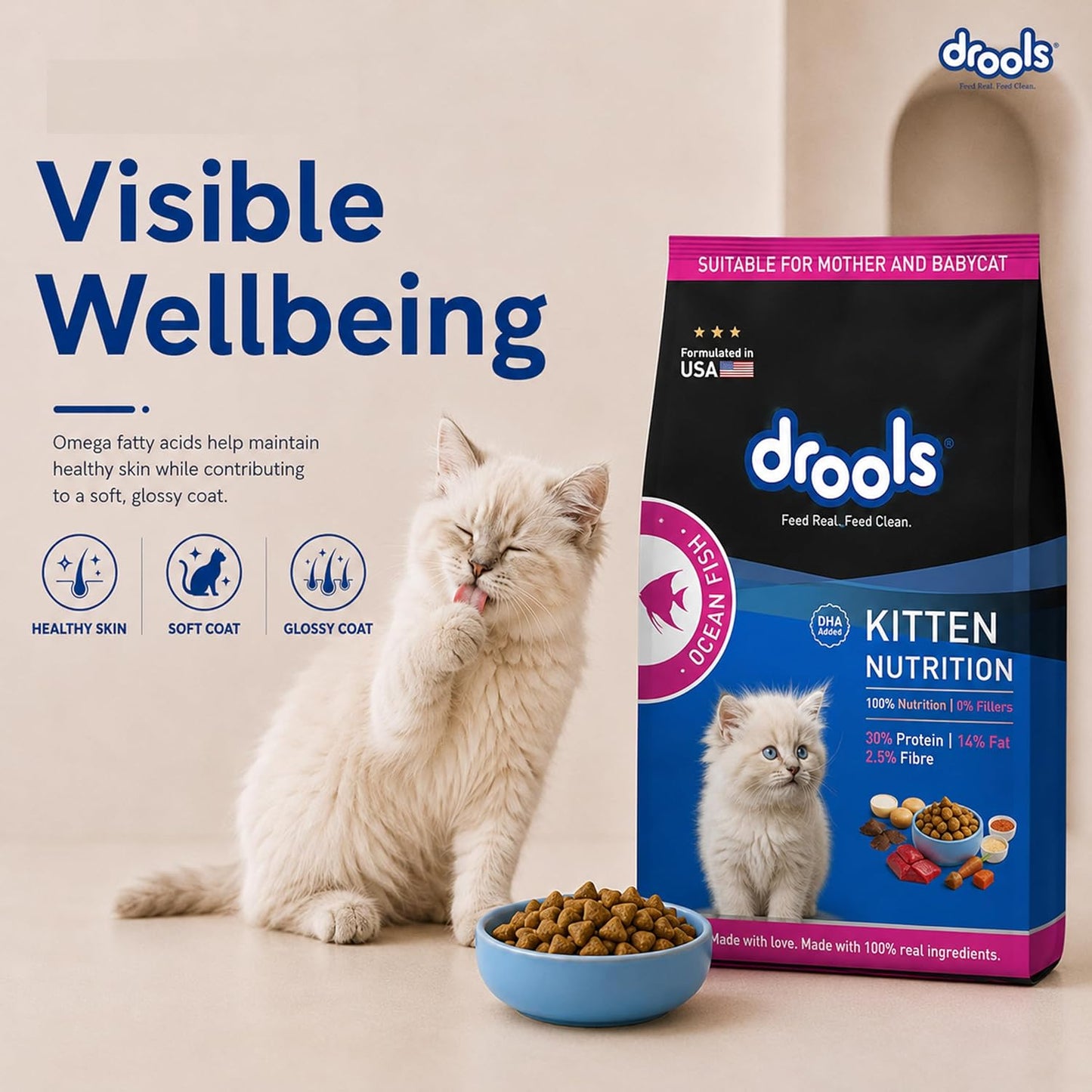 Drools Kitten Dry Cat Food 1.2kg | Ocean Fish Flavour | Promotes Soft Skin & Shiny Coat | Complete Nutrition | Supports Digestion | Aids Growth Development