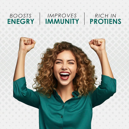 Woman with raised fists against a light gray background with text about energy, immunity, and protein.