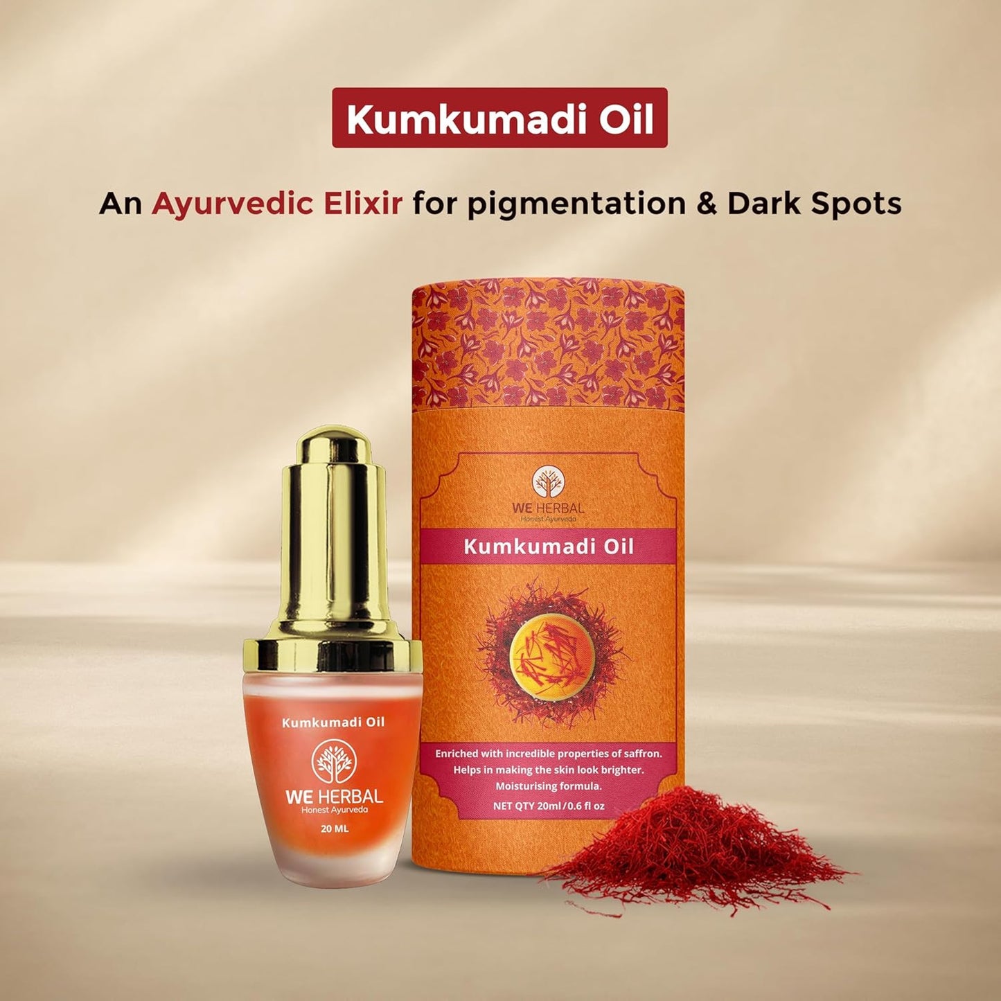 WeHerbal Kumkumadi Face Oil 10ml, Ayurvedic Brightening & Anti-Ageing Serum with Saffron, Turmeric & Sandalwood, Repairs Pigmentation & Fine Lines, No Added Colour or Fragrance