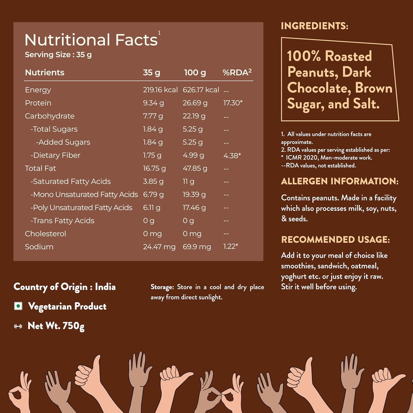 Nutritional facts and ingredients label on a brown background with hands at the bottom.