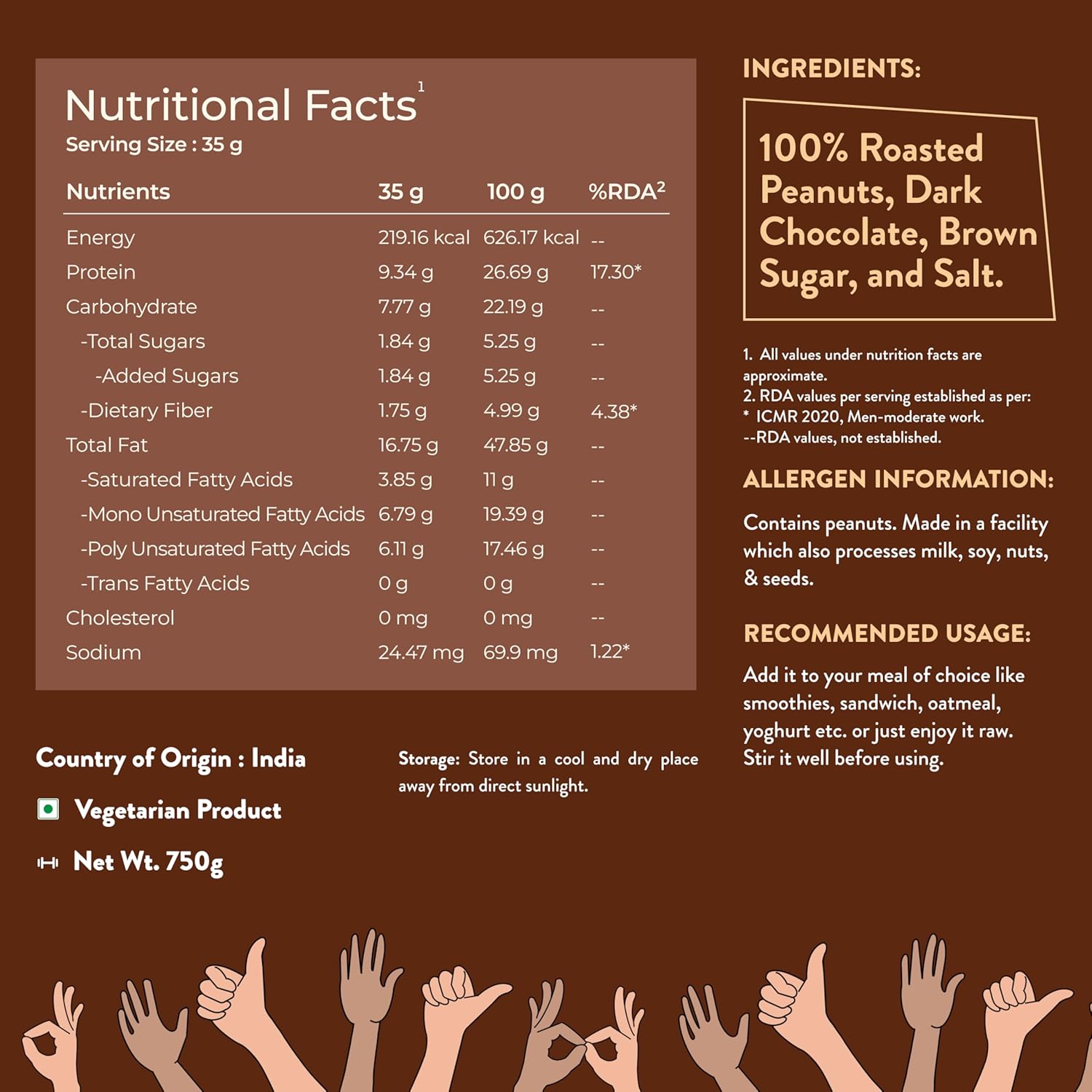 Nutritional facts and ingredients label on a brown background with hands at the bottom.