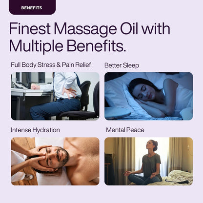 Advertisement for massage oil benefits including stress relief, sleep improvement, hydration, and mental peace.